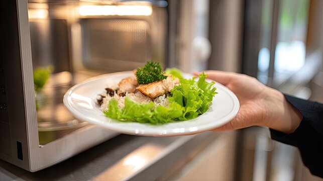 Delicious chicken pieces are carefully placed over a bowl of rice while a microwave warms nearby in a bright kitchen area