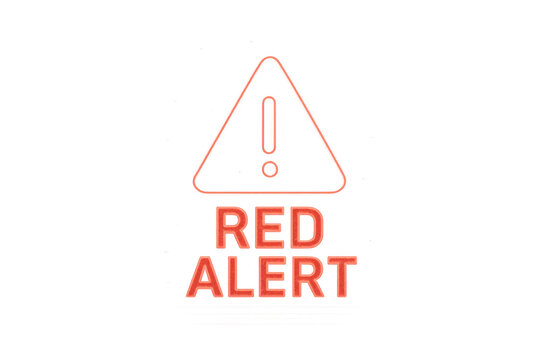Red alert neon warning sign with glowing exclamation mark triangle displaying urgent notification on transparent background