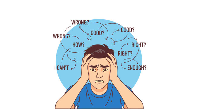Anxious man with negative thoughts mental health illustration