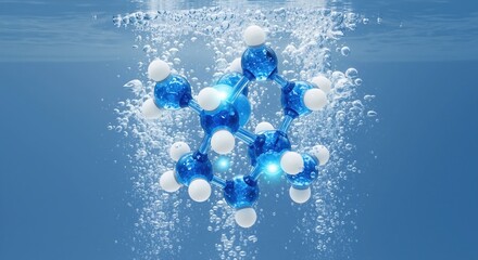 Molecule structure submerged in blue water with bubbles. Scientific visualization for chemistry and biotechnology research. Abstract science background