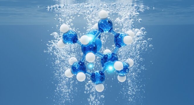 Molecule structure submerged in blue water with bubbles. Scientific visualization for chemistry and biotechnology research. Abstract science background