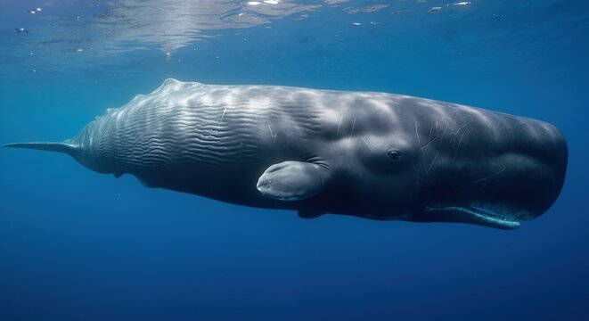A large sperm whale swimming underwater in the deep blue ocean. Profile view of a majestic marine mammal in its natural habitat