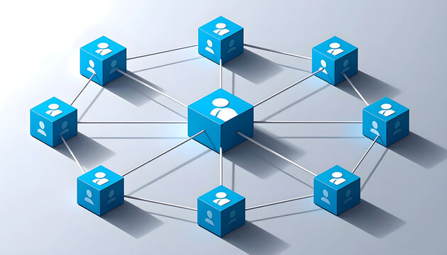 Network of blue cubes with person icons connected by lines in a circular arrangement