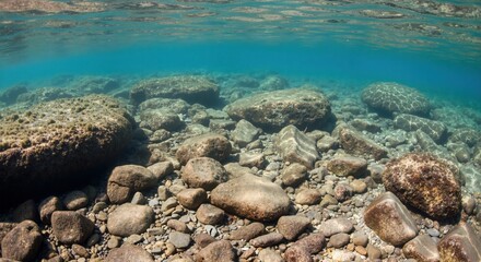 Obraz premium An underwater view of a rocky seabed in clear turquoise water. Sunlight filters through the surface creating light patterns on the stones. Natural marine environment background