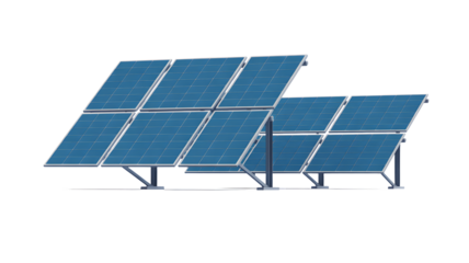 Array of solar panels tilted towards the sun, isolated on a transparent png background for clean energy concepts.