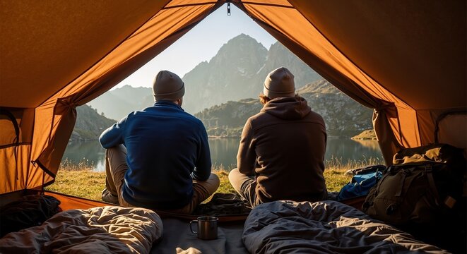 Two friends camping in a tent enjoy the mountain view over a lake. Outdoor adventure and travel lifestyle at sunrise