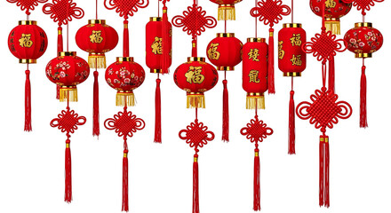 Red Chinese Lanterns and Knots with Gold Chinese Characters decoration