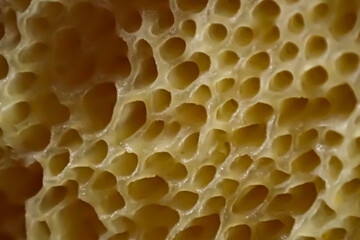 Close-up macro of Suillus mushroom pores showing yellow sponge-like surface with organic shapes and natural texture, perfect for abstract or biological backgrounds