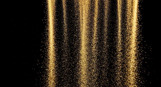 Golden particles cascade downward against a dark backdrop