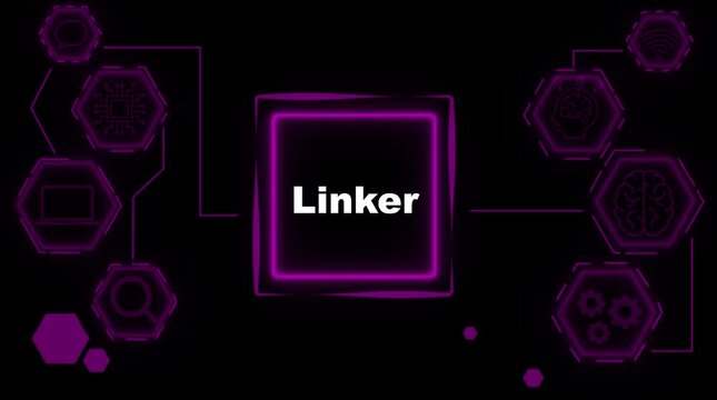 Digital network connection concept with glowing purple hexagons and central text " Linker" representing data flow and technology integration