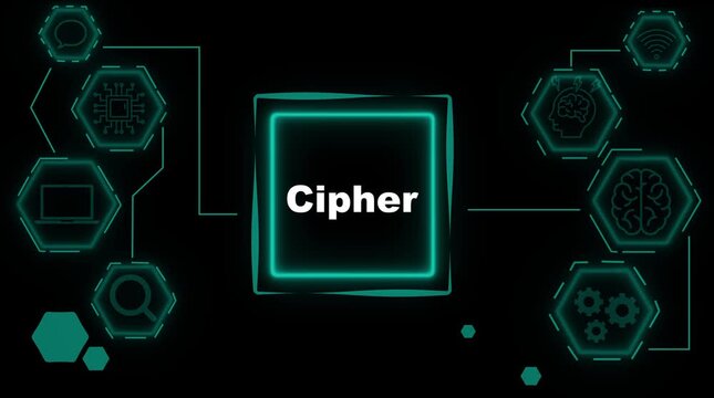 Futuristic digital network connection concept with glowing neon cybernetic icons and central cipher text on a dark background representing data security and artificial intelligence innovation