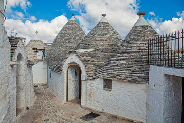 The distinctive and unique Trulli houses of Alberobello, in the Puglia region of Italy, Europe. UNESCO World Heritage List.