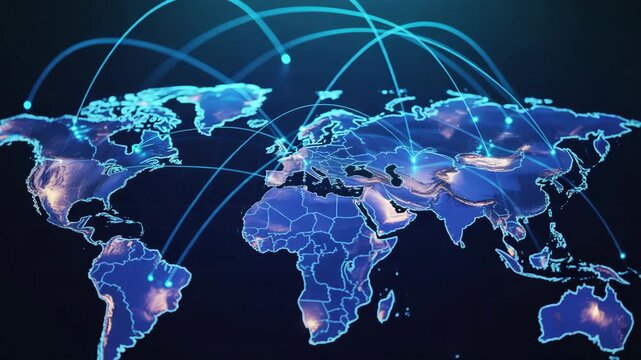 Global network connection concept showing the world map with glowing lines connecting different continents and countries