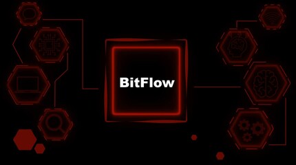 Bit Flow digital network technology abstract concept with glowing red hexagons and icons representing data processing A I communication and connectivity on a dark background futuristic interface - Powered by Adobe