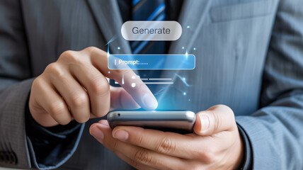 A finger taps a phone screen, activating a digital interface with the word generate and a prompt box, transparent, png, isolated.