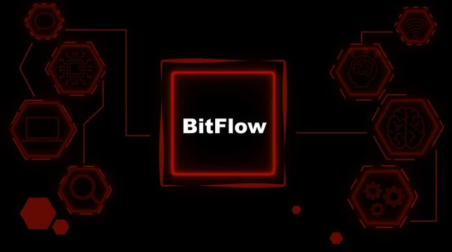 Bit Flow digital network technology abstract concept with glowing red hexagons and icons representing data processing A I communication and connectivity on a dark background futuristic interface - Powered by Adobe
