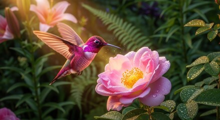 Fototapeta premium Hummingbird hovering near pink rose, bathed in sunlight, garden greenery