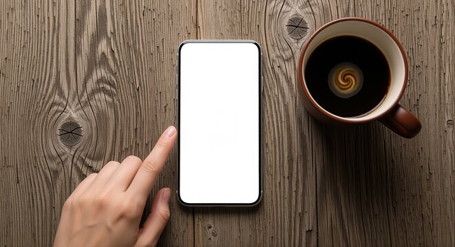 A hand reaches for a smartphone with a blank white screen placed on a rustic wooden table next to a brown mug filled with black coffee. Perfect for app demos or digital marketing.