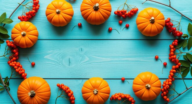 Orange pumpkins and red berries arranged in a circle on a bright blue wooden surface. Perfect for autumn themes, seasonal decorations, harvest celebrations, and fall marketing materials.