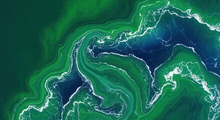 Obraz premium Aerial view shows swirling green and blue ocean water patterns with white foam. The natural flowing shapes create abstract designs. Perfect for backgrounds, nature themes, and eco concepts.