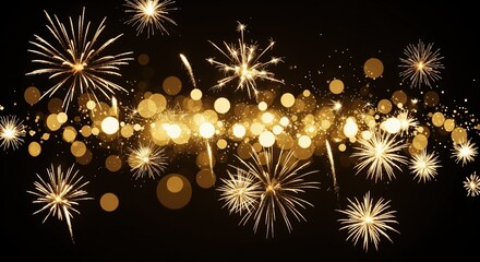 Golden fireworks explode across a black sky with glowing sparkles and lights. Perfect for celebrations, party invites, holiday greetings, or festive designs. Creates a joyful mood.