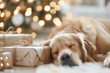 A golden retriever lies peacefully sleeping next to opened presents on a soft rug. The cozy home is decorated for the holidays, filled with warm lights and festive cheer