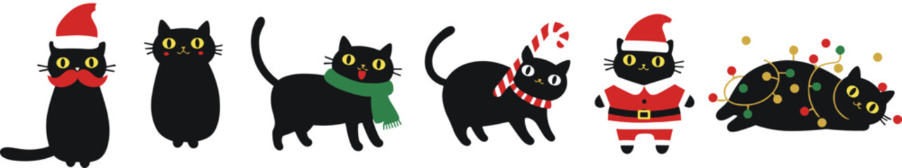 Christmas black cats, festive clipart, Santa outfit, candy cane, holiday lights, scarf, bow tie, cute pets, winter design, playful poses