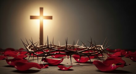 Crown of thorns with rose petals and cross in the background shining light