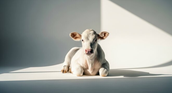 Lying young white calf resting on white ground with geometric light