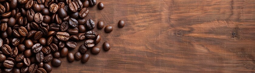 Fototapeta premium Dark roasted coffee beans are neatly arranged along one edge of a smooth wooden surface, showcasing their rich colors and inviting textures that evoke a cozy atmosphere
