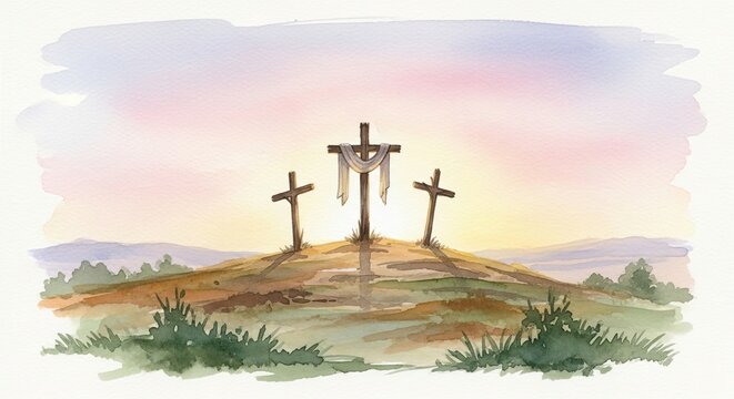Watercolor painting of three crosses on a hill at sunrise with soft colors