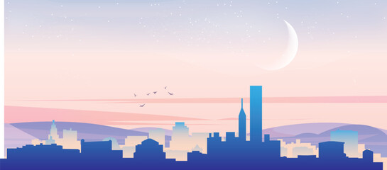 Panoramic poster of the city skyline with misty background buildings, hills sunrise, sunset and clouds of CHICAGO, UNITED STATES