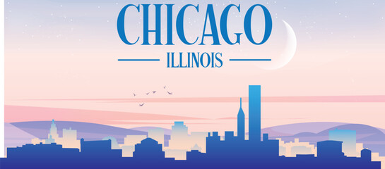 Panoramic poster of the city skyline with misty background buildings, hills sunrise, sunset and clouds of CHICAGO, UNITED STATES