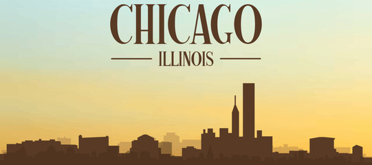 Panoramic poster of the city skyline with misty background buildings, hills sunrise, sunset and clouds of CHICAGO, UNITED STATES