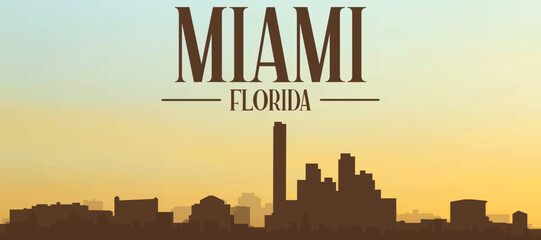 Panoramic poster of the city skyline with misty background buildings, hills sunrise, sunset and clouds of MIAMI, UNITED STATES