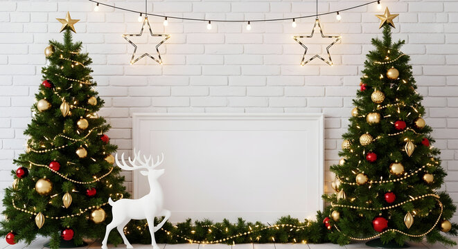 Festive christmas scene with decorated trees white reindeer and blank sign for copy space