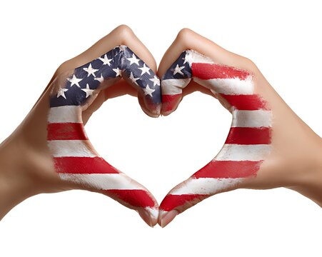 Hands forming a heart shape with the american flag s colors and design