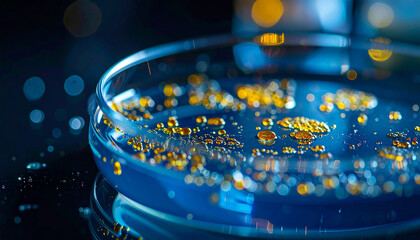 Petri dish showing bacterial growth for drug discovery, scientific laboratory setup, medical research