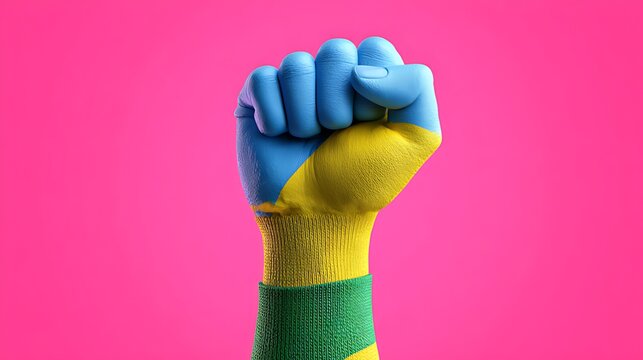 A clenched fist painted with the colors of the ukrainian flag on pink