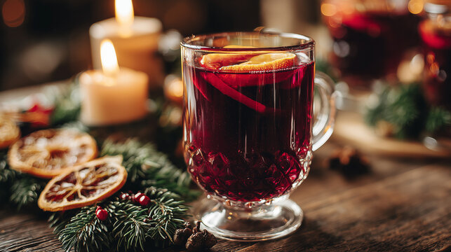 Warm mug of mulled wine with spices and citrus, perfect for cozy winter moments.