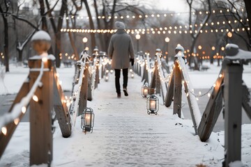 A person strolls alone through a snowy park path. The walkway is lined with glowing string lights, creating a warm atmosphere in the cold winter landscape
