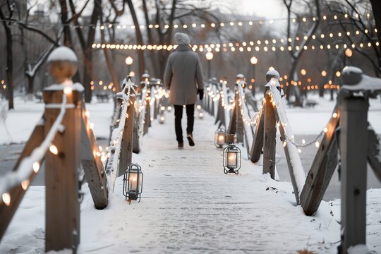 A person strolls alone through a snowy park path. The walkway is lined with glowing string lights, creating a warm atmosphere in the cold winter landscape