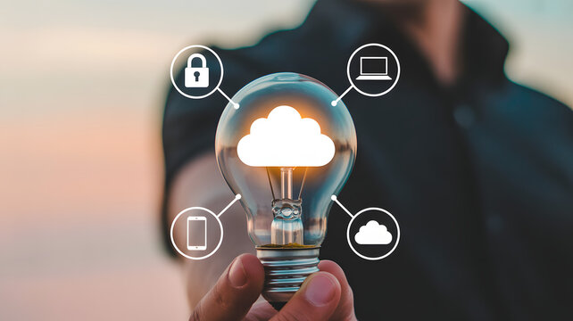 A light bulb holds cloud technology ideas like security and devices, transparent png isolated.