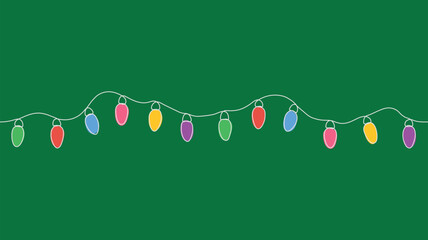 A New Year's multi-colored electric garland drawn with one solid black line on a green background. Line art, doodle style