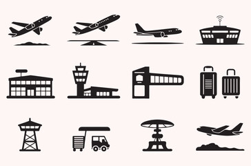 Airport silhouette icon set
