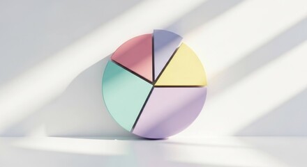 Pastel pie chart leans on white wall, slice removed, shadowed by sunlight