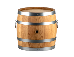 Wooden barrel with metal hoops and a spigot hole