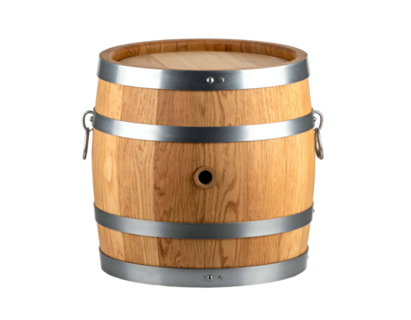 Wooden barrel with metal hoops and a spigot hole