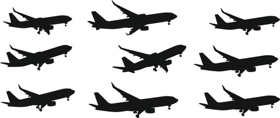 Airplane silhouettes, commercial aircraft, landing gear, black vector, flight angles, aviation design, isolated, grid layout, transport, travel