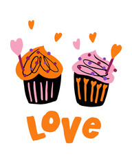 Two decorated cupcakes, one orange and one pink, display playful hearts and the word love beneath them. The design conveys a joyful spirit, perfect for celebrations.